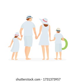 Happy family concept. Father, mother, son and daughter vector illustration drawing from back view. Family in white summer clothes. Part of set.