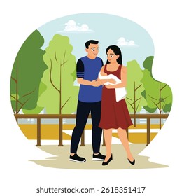 Happy family concept. Father, mother and newborn baby enjoying happy moment in the park. Flat vector illustration.