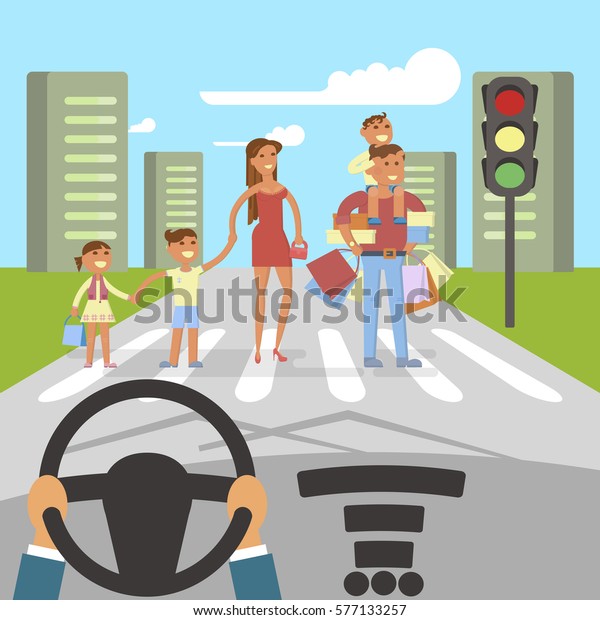 Happy Family concept. Father and mother with kids are\
crossing the roadway. Flat style cartoon vector illustration with\
isolated characters on big town background. Vector illustration eps\
10