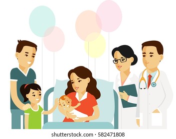 Happy family concept in flat style isolated on white background. Young mother with newborn baby, father, daughter, doctor and nurse in hospital ward