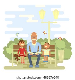 Happy family concept. Grandpa reading a book to grandsons in summer on a park bench. Boy and girl out walking with grandfather. Vector illustration eps