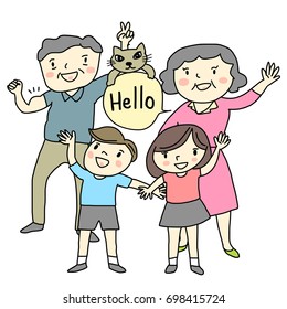 Happy family concept with grandparents and grandchildren standing together and greeting someone cheerfully including little cat  clasping on word balloon. Vector illustration with hand-drawn style.