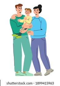 Happy family concept. The husband, wife and child are smiling. Flat vector illustration, characters on a white background

