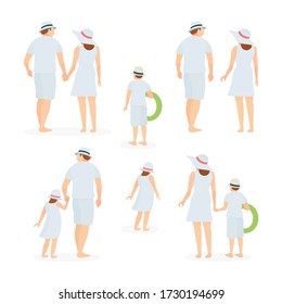 Happy family concept illustrations set. Young couple, father, mother, son, daughter, brother and sister from back view. Family in white summer clothes. Part of set.