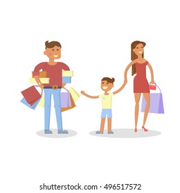 Happy family concept. Isolated on white background. People shopping with shopping bags. Woman and man with son at flat design. vector illustration