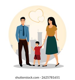 Happy family concept. A joyful family, including father, mother, and child, standing together and holding hands, emphasizing love and togetherness.