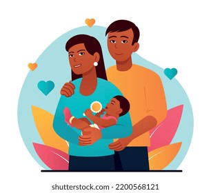 Happy family concept. Man and woman with children. Mom, dad and son or daughter with rattle. Good relationship, love, care and support. Poster or banner for website. Cartoon flat vector illustration