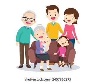 Happy family concept. Man and woman stand next to their son and daughter, grandfather and grandmother. Family portrait or photograph
