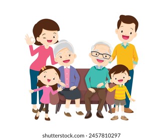 Happy family concept. Man and woman stand next to their son and daughter, grandfather and grandmother. Family portrait or photograph