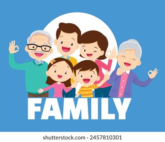 Happy family concept. Man and woman stand next to their son and daughter, grandfather and grandmother. Family portrait or photograph