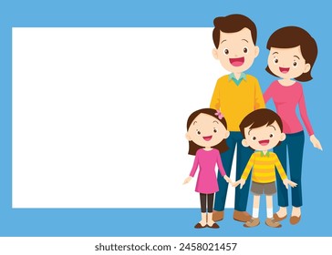 Happy family concept. Man and woman stand next to their son and daughter, grandfather and grandmother. Family portrait or photograph