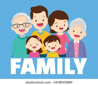 Happy family concept. Man and woman stand next to their son and daughter, grandfather and grandmother. Family portrait or photograph