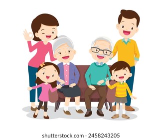 Happy family concept. Man and woman stand next to their son and daughter, grandfather and grandmother. Family portrait or photograph