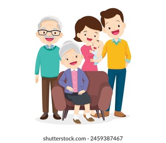 Happy family concept. Man and woman stand next to their son and daughter, grandfather and grandmother. Family portrait or photograph