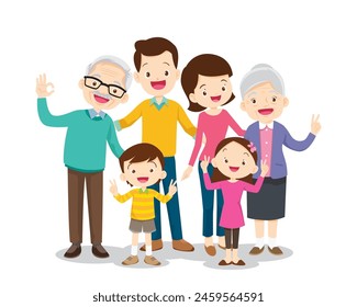 Happy family concept. Man and woman stand next to their son and daughter, grandfather and grandmother. Family portrait or photograph