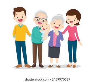 Happy family concept. Man and woman stand next to their son and daughter, grandfather and grandmother. Family portrait or photograph