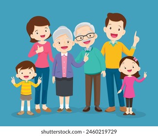 Happy family concept. Man and woman stand next to their son and daughter, grandfather and grandmother. Family portrait or photograph