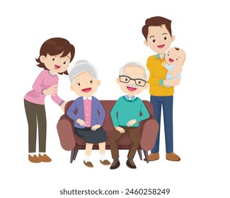 Happy family concept. Man and woman stand next to their son and daughter, grandfather and grandmother. Family portrait or photograph