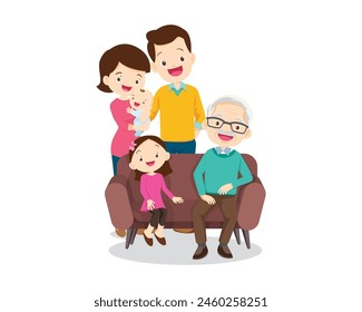 Happy family concept. Man and woman stand next to their son and daughter, grandfather and grandmother. Family portrait or photograph