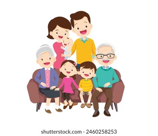 Happy family concept. Man and woman stand next to their son and daughter, grandfather and grandmother. Family portrait or photograph
