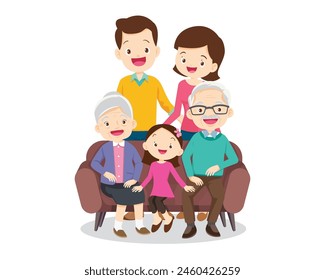 Happy family concept. Man and woman stand next to their son and daughter, grandfather and grandmother. Family portrait or photograph
