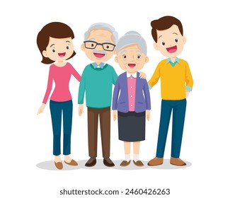 Happy family concept. Man and woman stand next to their son and daughter, grandfather and grandmother. Family portrait or photograph