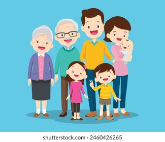 Happy family concept. Man and woman stand next to their son and daughter, grandfather and grandmother. Family portrait or photograph