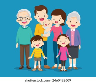 Happy family concept. Man and woman stand next to their son and daughter, grandfather and grandmother. Family portrait or photograph