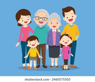 Happy family concept. Man and woman stand next to their son and daughter, grandfather and grandmother. Family portrait or photograph
