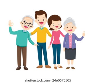 Happy family concept. Man and woman stand next to their son and daughter, grandfather and grandmother. Family portrait or photograph