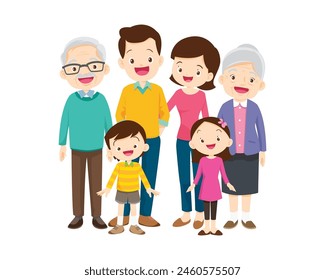 Happy family concept. Man and woman stand next to their son and daughter, grandfather and grandmother. Family portrait or photograph