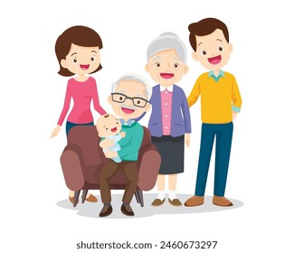 Happy family concept. Man and woman stand next to their son and daughter, grandfather and grandmother. Family portrait or photograph