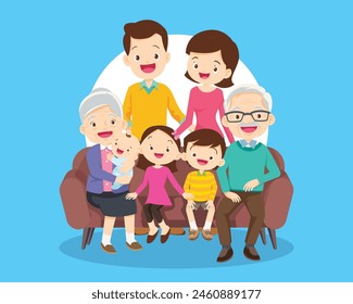 Happy family concept. Man and woman stand next to their son and daughter, grandfather and grandmother. Family portrait or photograph