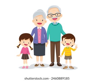 Happy family concept. Man and woman stand next to their son and daughter, grandfather and grandmother. Family portrait or photograph