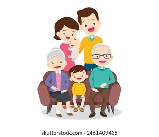 Happy family concept. Man and woman stand next to their son and daughter, grandfather and grandmother. Family portrait or photograph