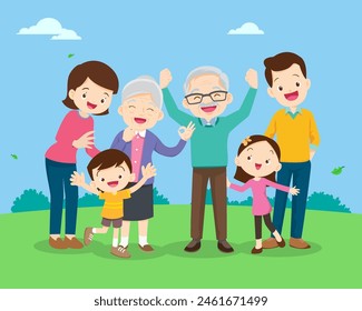 Happy family concept. Man and woman stand next to their son and daughter, grandfather and grandmother. Family portrait or photograph