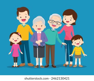 Happy family concept. Man and woman stand next to their son and daughter, grandfather and grandmother. Family portrait or photograph