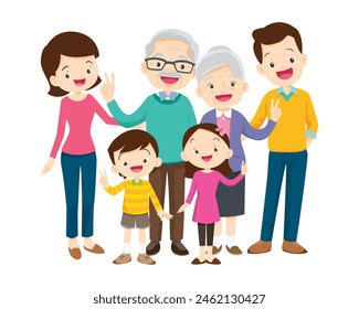 Happy family concept. Man and woman stand next to their son and daughter, grandfather and grandmother. Family portrait or photograph