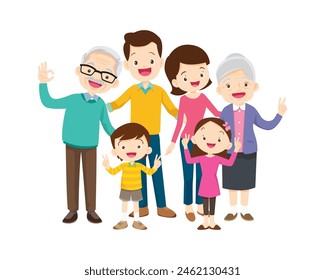 Happy family concept. Man and woman stand next to their son and daughter, grandfather and grandmother. Family portrait or photograph