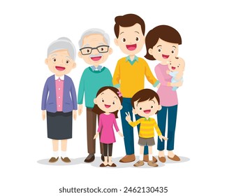 Happy family concept. Man and woman stand next to their son and daughter, grandfather and grandmother. Family portrait or photograph