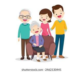 Happy family concept. Man and woman stand next to their son and daughter, grandfather and grandmother. Family portrait or photograph