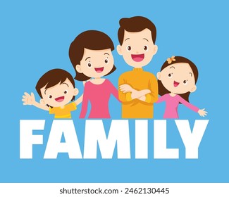 Happy family concept. Man and woman stand next to their son and daughter, grandfather and grandmother. Family portrait or photograph