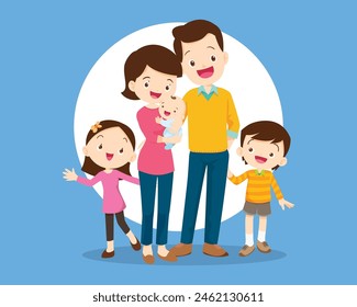 Happy family concept. Man and woman stand next to their son and daughter, grandfather and grandmother. Family portrait or photograph