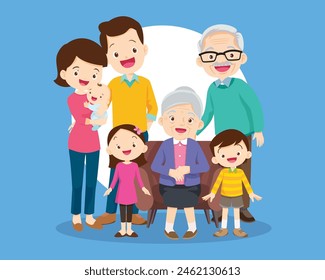 Happy family concept. Man and woman stand next to their son and daughter, grandfather and grandmother. Family portrait or photograph