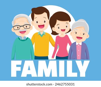 Happy family concept. Man and woman stand next to their son and daughter, grandfather and grandmother. Family portrait or photograph