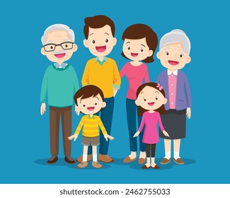 Happy family concept. Man and woman stand next to their son and daughter, grandfather and grandmother. Family portrait or photograph