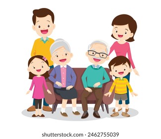 Happy family concept. Man and woman stand next to their son and daughter, grandfather and grandmother. Family portrait or photograph