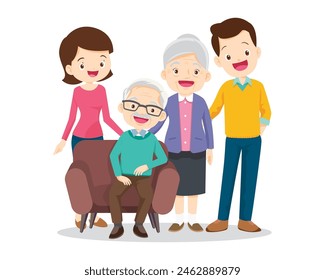 Happy family concept. Man and woman stand next to their son and daughter, grandfather and grandmother. Family portrait or photograph