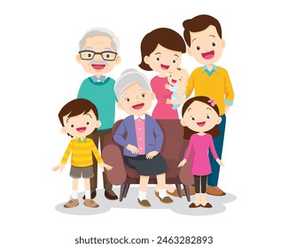 Happy family concept. Man and woman stand next to their son and daughter, grandfather and grandmother. Family portrait or photograph