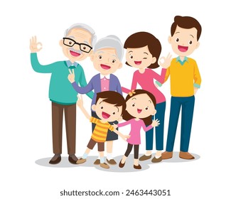 Feliz concepto familiar. Hombre y mujer de pie junto a su hijo e hija, abuelo y abuela. Retrato o fotografía de familia